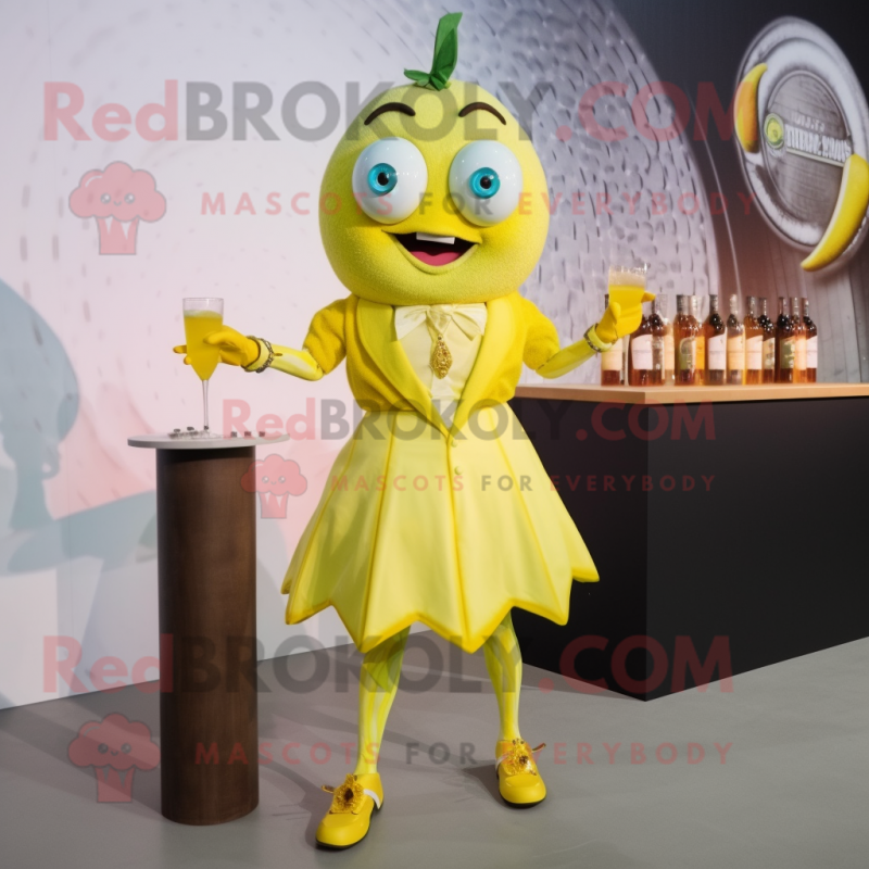 Lemon Yellow Ceviche mascot costume character dressed with a Cocktail Dress and Digital watches