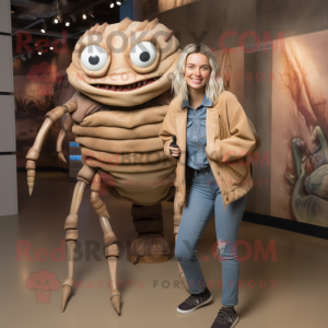 Tan Trilobite mascot costume character dressed with a Mom Jeans and Scarf clips