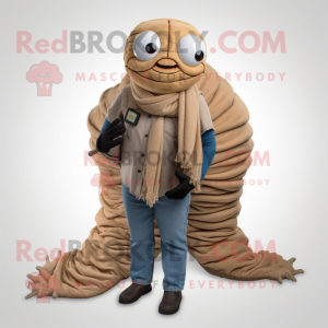 Tan Trilobite mascot costume character dressed with a Mom Jeans and Scarf clips