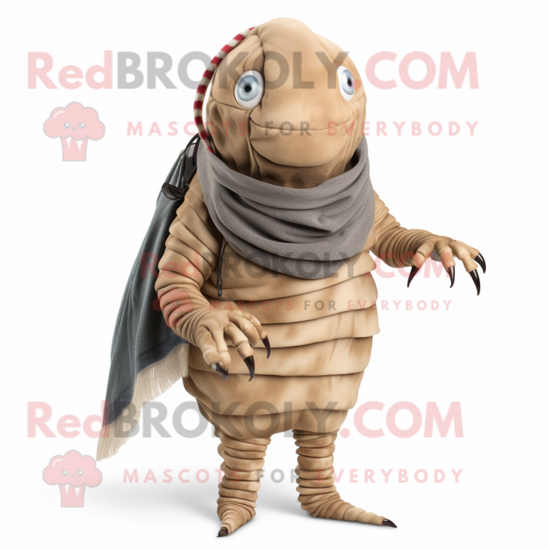Tan Trilobite mascot costume character dressed with a Mom Jeans and Scarf clips Tan Trilobite mascot costume character dressed with a Mom Jeans and Scarf clips