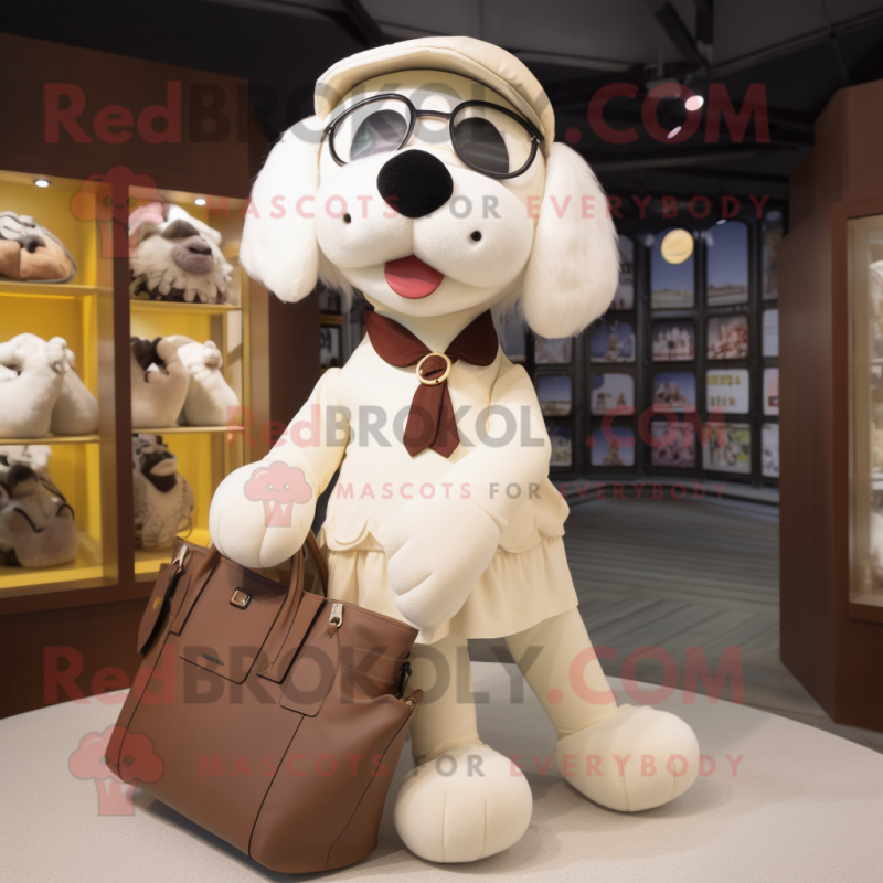 Cream Dog mascot costume character dressed with a Culottes and Handbags