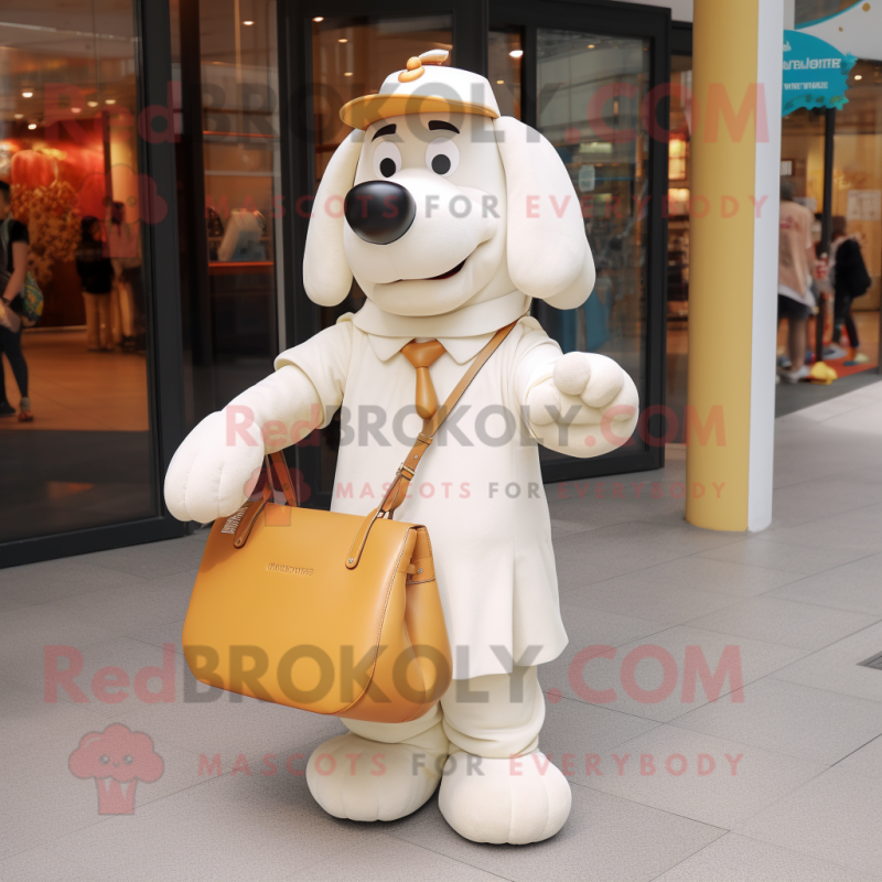 Cream Dog mascot costume character dressed with a Culottes and Handbags Cream Dog mascot costume character dressed with a Culottes and Handbags