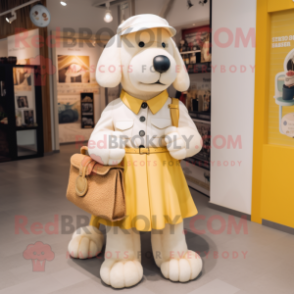 Cream Dog mascot costume character dressed with a Culottes and Handbags