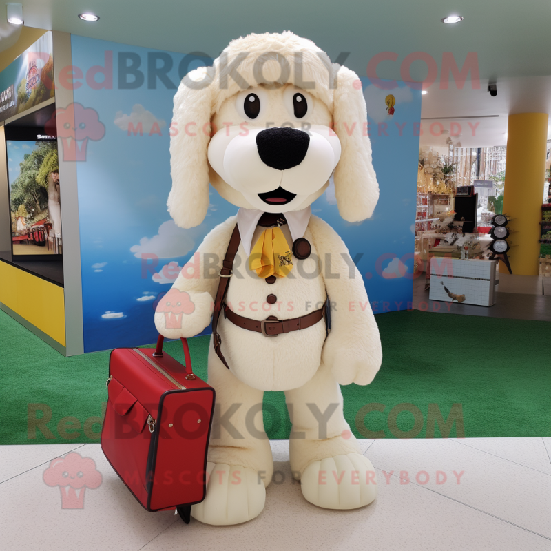 Cream Dog mascot costume character dressed with a Culottes and Handbags Cream Dog mascot costume character dressed with a Culottes and Handbags