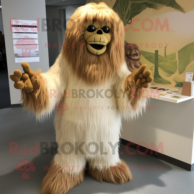 Cream Sasquatch mascot costume character dressed with a Wrap Dress and Hair clips