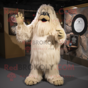 Cream Sasquatch mascot costume character dressed with a Wrap Dress and Hair clips