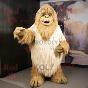 Cream Sasquatch mascot costume character dressed with a Wrap Dress and Hair clips
