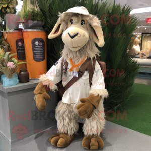 Tan Boer Goat mascot costume character dressed with a Shorts and Keychains