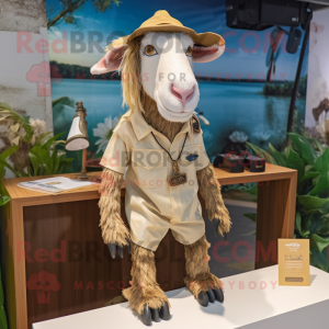 Tan Boer Goat mascot costume character dressed with a Shorts and Keychains