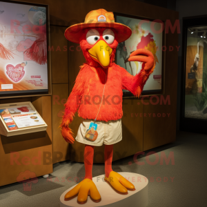 Red Butter Chicken mascot costume character dressed with a Board Shorts and Hat pins