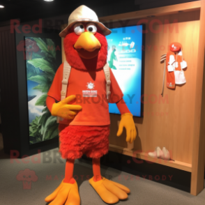 Red Butter Chicken mascot costume character dressed with a Board Shorts and Hat pins