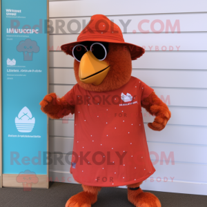 Red Butter Chicken mascot costume character dressed with a Board Shorts and Hat pins