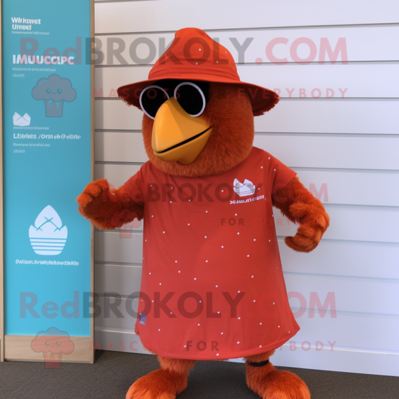 Red Butter Chicken mascot costume character dressed with a Board Shorts and Hat pins Red Butter Chicken mascot costume character dressed with a Board Shorts and Hat pins