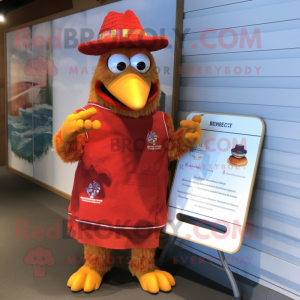 Red Butter Chicken mascot costume character dressed with a Board Shorts and Hat pins