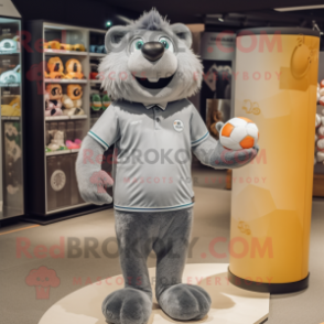 Gray Handball Ball mascot costume character dressed with a Polo Tee and Coin purses
