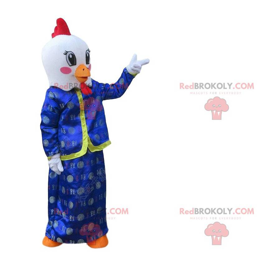 Rooster mascot, white bird in Asian dress - Redbrokoly.com