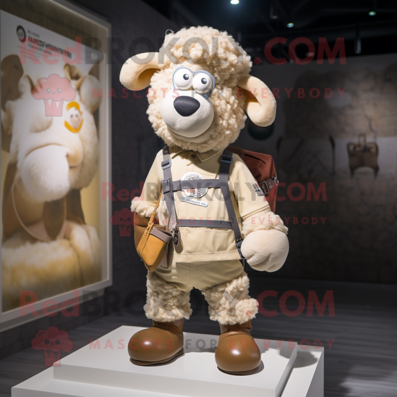 Beige Sheep mascot costume character dressed with a Playsuit and Messenger bags Beige Sheep mascot costume character dressed with a Playsuit and Messenger bags