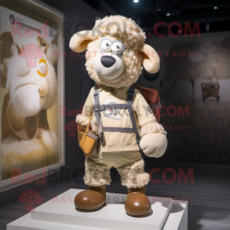 Beige Sheep mascot costume character dressed with a Playsuit and Messenger bags