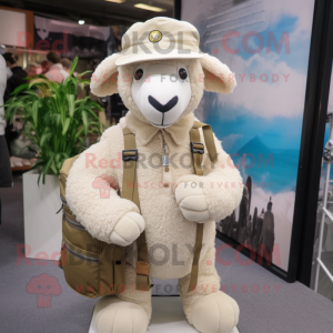 Beige Sheep mascot costume character dressed with a Playsuit and Messenger bags