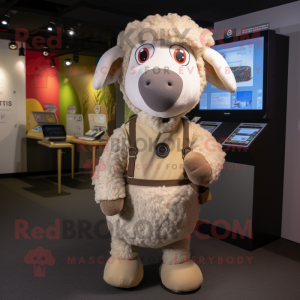 Beige Sheep mascot costume character dressed with a Playsuit and Messenger bags