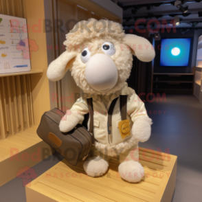 Beige Sheep mascot costume character dressed with a Playsuit and Messenger bags