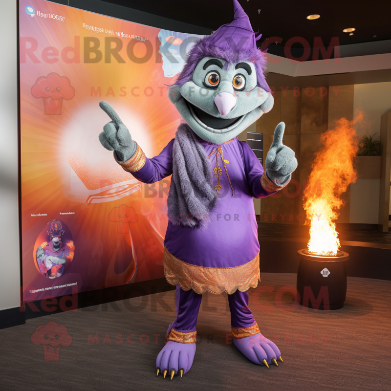 Lavender Fire Eater mascot costume character dressed with a Joggers and Shawls Lavender Fire Eater mascot costume character dressed with a Joggers and Shawls