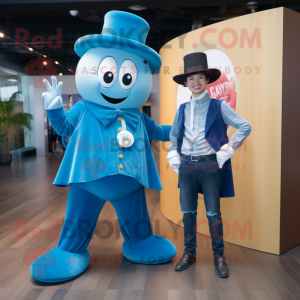 Cyan Ring Master mascot costume character dressed with a Boyfriend Jeans and Brooches
