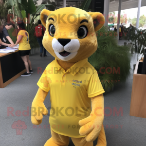 Lemon Yellow Jaguarundi mascot costume character dressed with a Polo Tee and Headbands