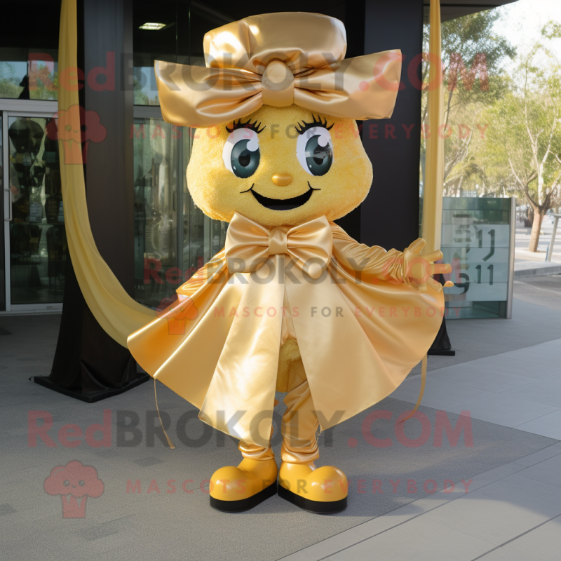 Gold Gyro mascot costume character dressed with a A-Line Skirt and Bow ties Gold Gyro mascot costume character dressed with a A-Line Skirt and Bow ties