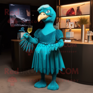 Teal Dodo Bird mascot costume character dressed with a Cocktail Dress and Clutch bags