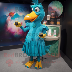 Teal Dodo Bird mascot costume character dressed with a Cocktail Dress and Clutch bags