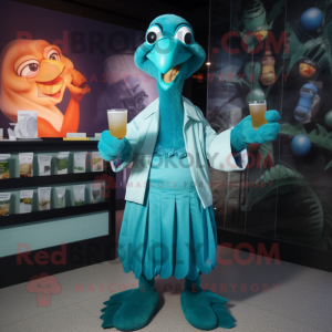 Teal Dodo Bird mascot costume character dressed with a Cocktail Dress and Clutch bags