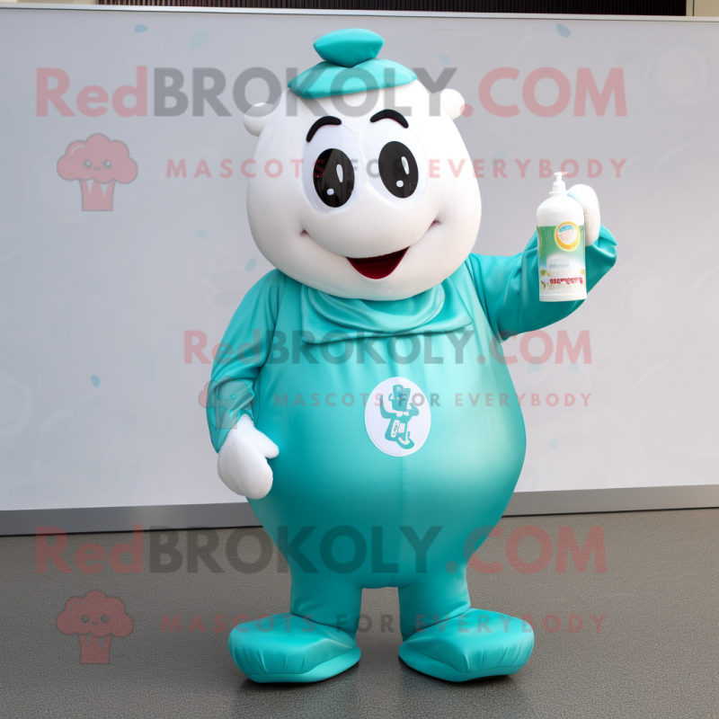 Teal Bottle Of Milk mascot costume character dressed with a Playsuit and Cummerbunds Teal Bottle Of Milk mascot costume character dressed with a Playsuit and Cummerbunds