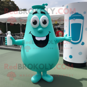 Teal Bottle Of Milk mascot costume character dressed with a Playsuit and Cummerbunds