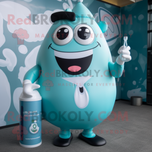 Teal Bottle Of Milk mascot costume character dressed with a Playsuit and Cummerbunds