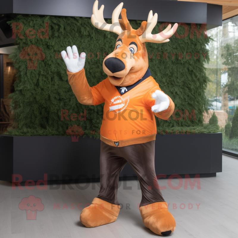 Orange Irish Elk mascot costume character dressed with a Jeans and Gloves