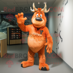 Orange Irish Elk mascot costume character dressed with a Jeans and Gloves