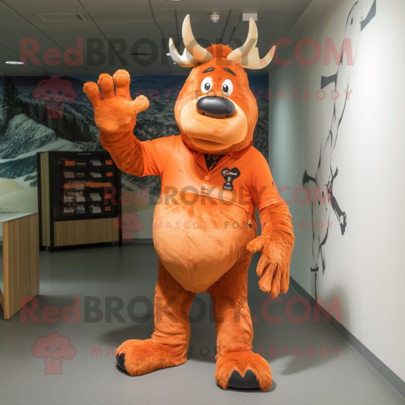 Orange Irish Elk mascot costume character dressed with a Jeans and Gloves Orange Irish Elk mascot costume character dressed with a Jeans and Gloves