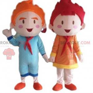2 mascottes van kinderen, poppen, een jongen en een meisje -