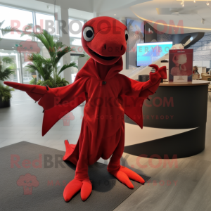 Red Dimorphodon mascot costume character dressed with a Jumpsuit and Shawls