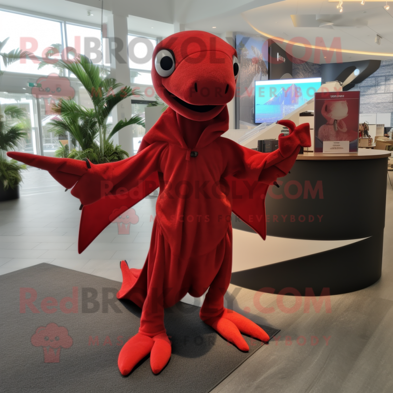 Red Dimorphodon mascot costume character dressed with a Jumpsuit and Shawls Red Dimorphodon mascot costume character dressed with a Jumpsuit and Shawls