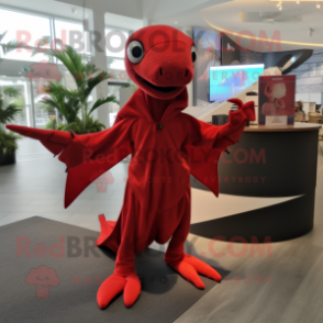 Red Dimorphodon mascot costume character dressed with a Jumpsuit and Shawls