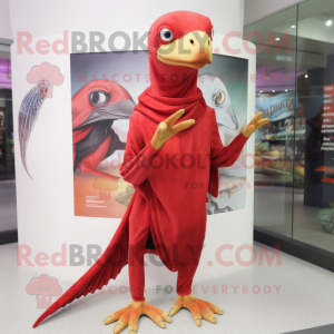 Red Dimorphodon mascot costume character dressed with a Jumpsuit and Shawls