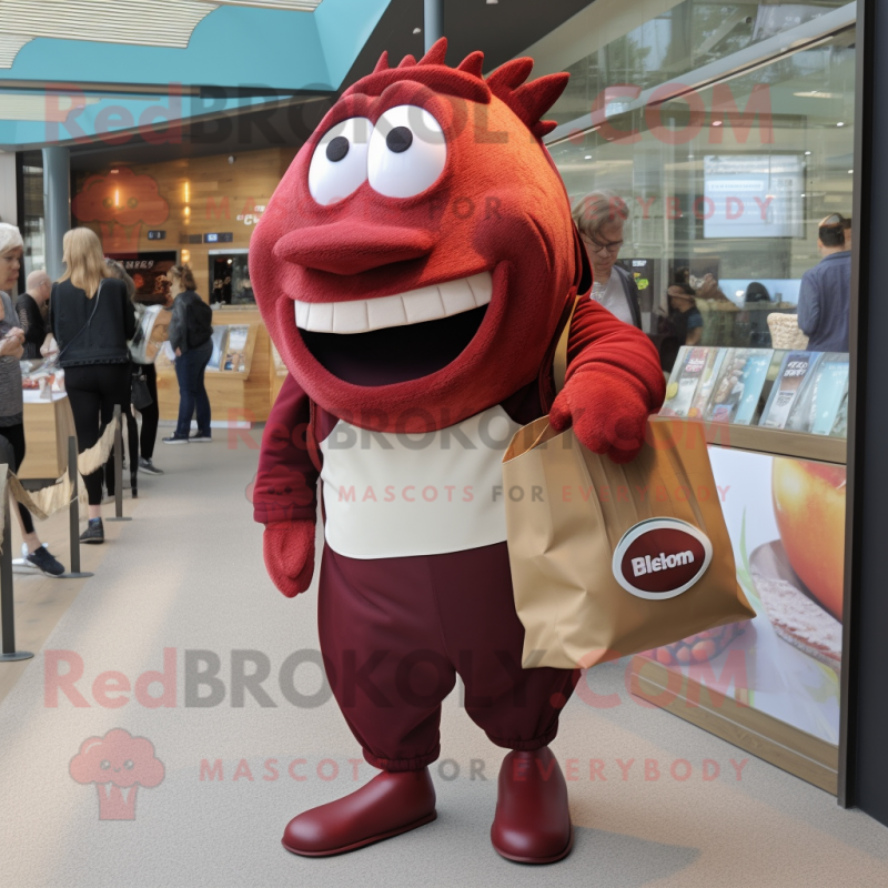 Maroon Fish And Chips mascot costume character dressed with a Trousers and Handbags Maroon Fish And Chips mascot costume character dressed with a Trousers and Handbags