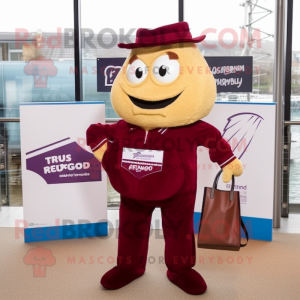 Maroon Fish And Chips mascot costume character dressed with a Trousers and Handbags
