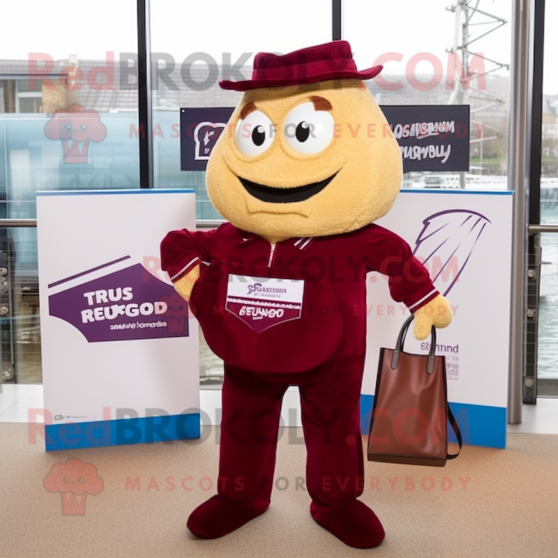 Maroon Fish And Chips mascot costume character dressed with a Trousers and Handbags Maroon Fish And Chips mascot costume character dressed with a Trousers and Handbags