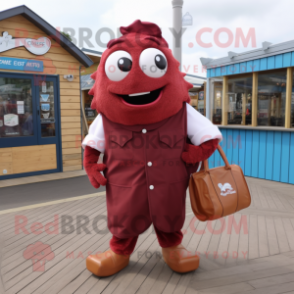 Maroon Fish And Chips mascot costume character dressed with a Trousers and Handbags