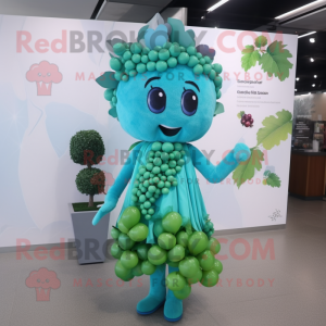 Turquoise Grape mascot costume character dressed with a Sheath Dress and Hair clips