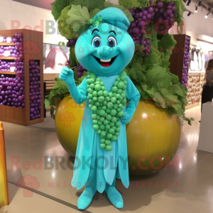 Turquoise Grape mascot costume character dressed with a Sheath Dress and Hair clips