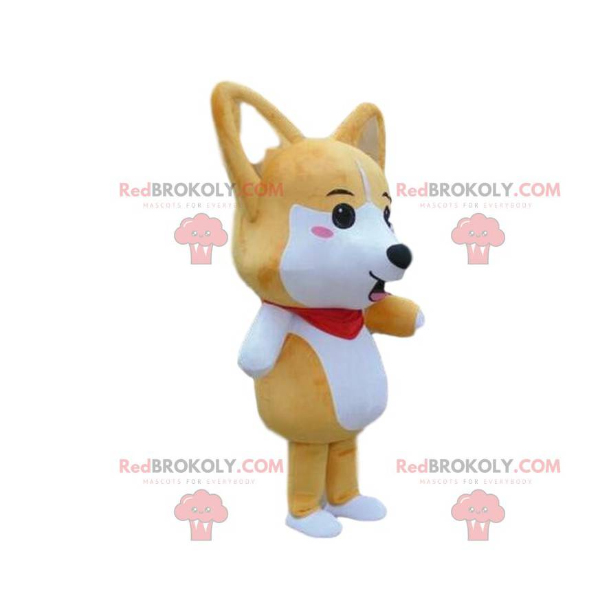 Mascotte de chien marron et blanc, costume de renard -